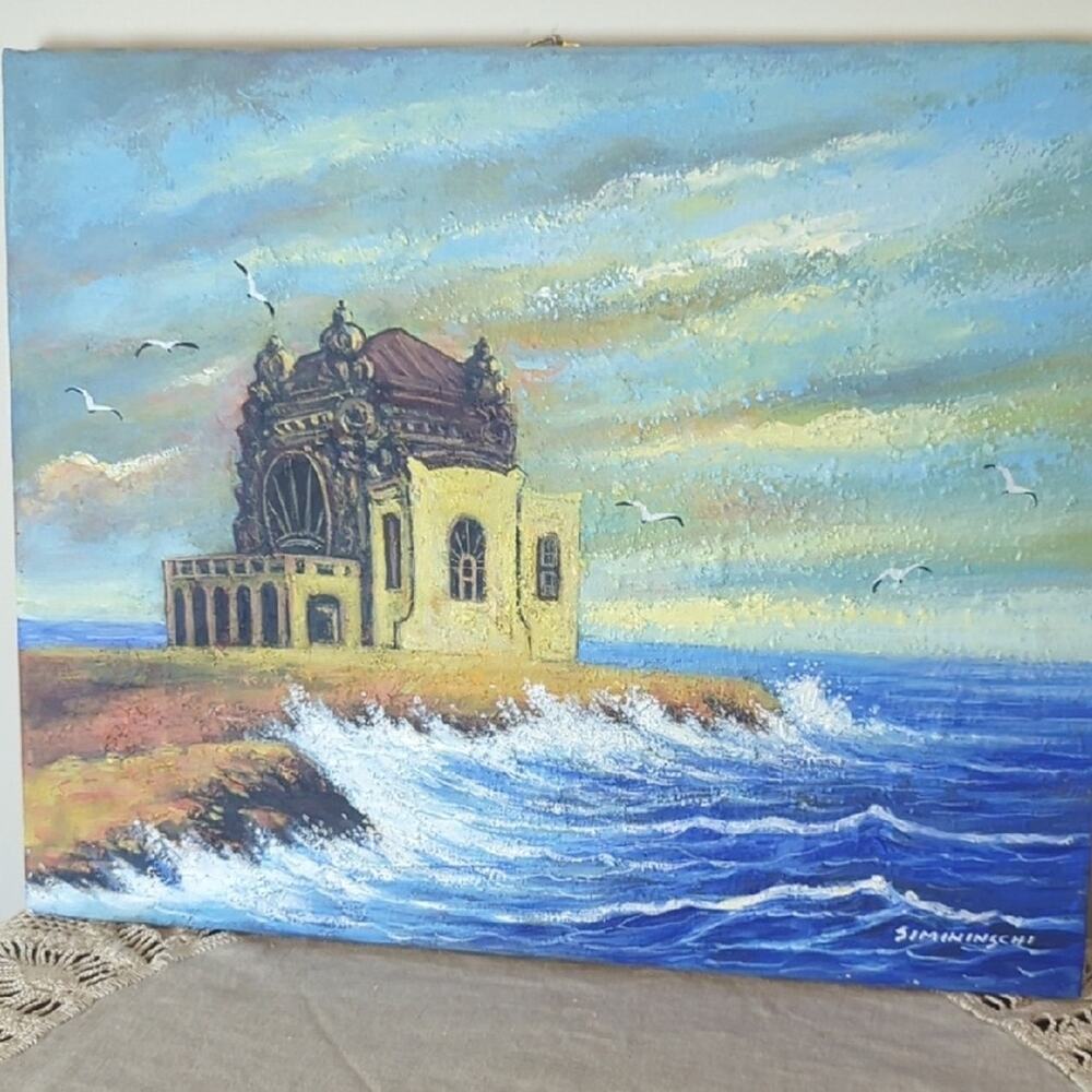 Signed Coastal Seascape Texture Painting Mediterranean Architecture Ocean Waves
